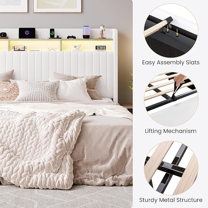 SHA CERLIN King Size Lift Up Storage Bed Frame/LED Lights/Charging Station/2-Tier Shelves Headboard/USB,Type-C Ports/Velvet Upholstered/Hydraulic Support/No Box Spring Needed/Noise Free/White