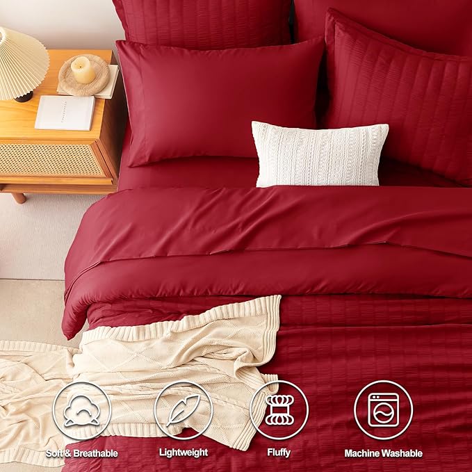 CozyLux King Size Comforter Set Dark Red Seersucker 7 Pieces Bed in a Bag King Comforter Set with Sheets, Luxury Soft Bedding Sets with Down Alternative Comforter, Sheets, Pillowcases & Shams