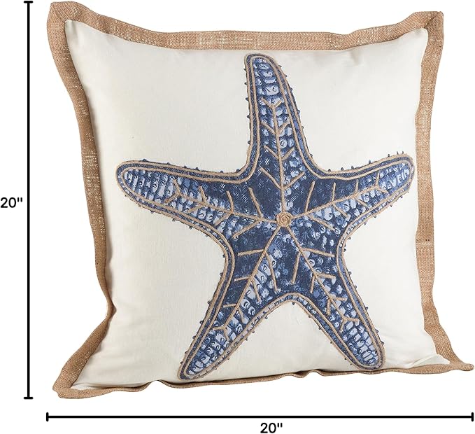 SARO LIFESTYLE Neptunian Coastal Throw Pillow – 20” x 20”, Woven Cotton Cover with Jute Trim, Zipper Closure, Down & Feather Insert – Starfish, Navy Blue