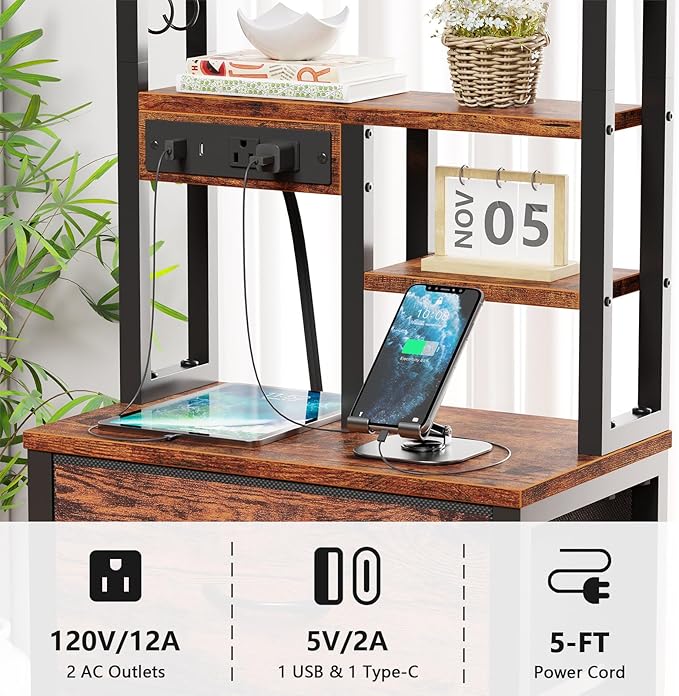 Furnulem Tall Night Stand, LED Nightstand with Charging Station and USB Ports, 4 Fabric Drawers and 4 Tier Storage Shelf, Bedside Table for Bedroom, Home, Dorm, Office (Rustic Brown)