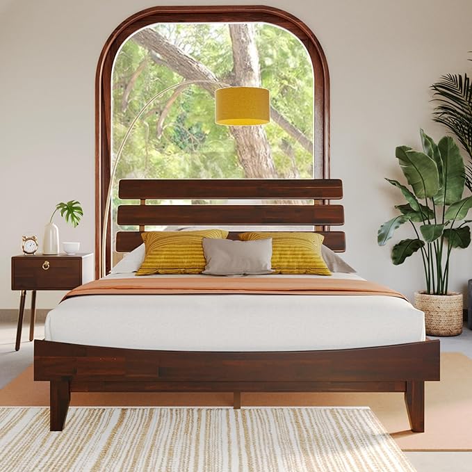 Bme Caden Queen Bed Frame and Adjustable Headboard, 15 Inch Mid Century Retro Style - Solid Acacia Wood - No Box Spring Needed - 12 Strong Wood Slat Support - Easy Assembly - Walnut