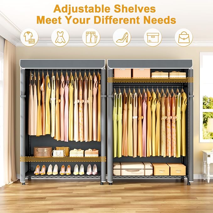ULIFHOME H5C Plus Clothes Rack with Cover, Portable Closet for Hanging Clothes, Covered Clothing Racks Heavy Duty, Garment Racks with Shelves, Max Load 370LBS, Black Closet Rack with Gray Cover