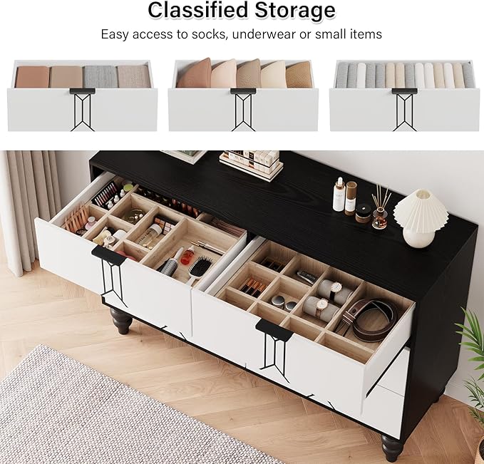 IDEALHOUSE Modern Wooden 6 Drawer Dresser with Vintage Pattern Design, Chest Dresser with Deep Drawers for Bedroom, Living Room and Entryway, Black and White
