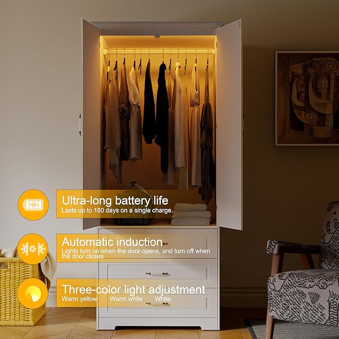 FJTJBSI Armoire Wardrobe Closet with 3 Drawers and LED Light 72" Wooden Bedroom Armoire with 2 Doors and Retro Ceramic Door Handles Modern Wardrobe Cabinet with Removable Hanging Rod White