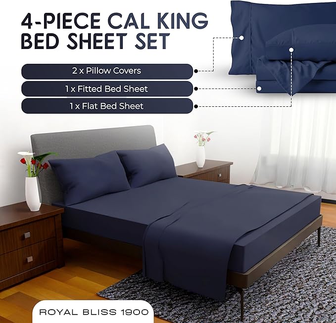California King Sheet Sets – 4Pcs Cal King Bedding Set, Deep Pocket, Double Brushed Microfiber, Fade Resistant, Soft & Breathable Bed Sheets for Ultimate Comfort(Navy Blue)