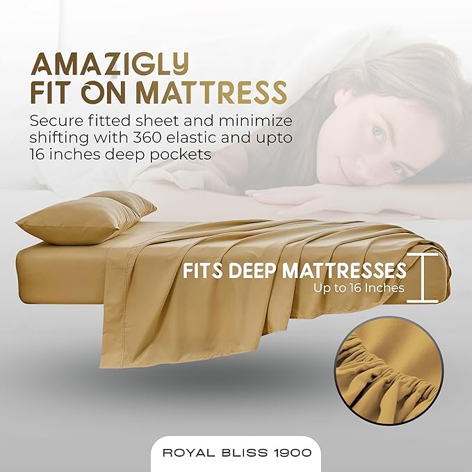 Queen Sheet Set - 4 Piece Bedding - Double Brushed, Cooling Queen Sheets, Deep Pocket Sheet Set - Gold