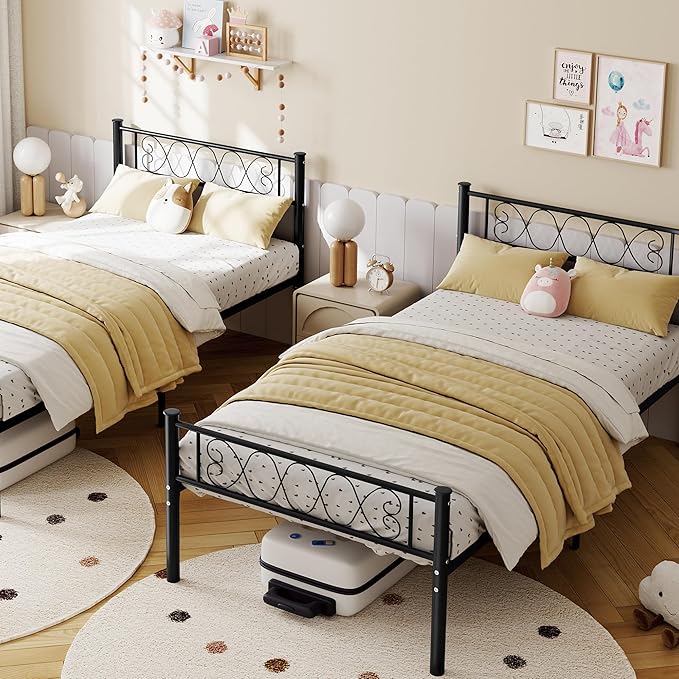 GarveeHome Twin-XL SizeMetal Bed Frame with Headboard & Footboard 13.7 Inch Metal Platform Mattress Foundation Support with Strong Metal Slats, Under Bed Storage, No Box Spring Needed