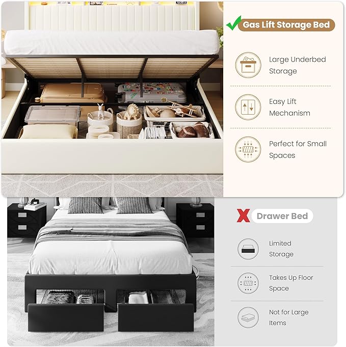 SHA CERLIN King Size Lift Up Storage Bed Frame/LED Lights/Charging Station/2-Tier Shelves Headboard/USB,Type-C Ports/Velvet Upholstered/Hydraulic Support/No Box Spring Needed/Noise Free/Cream