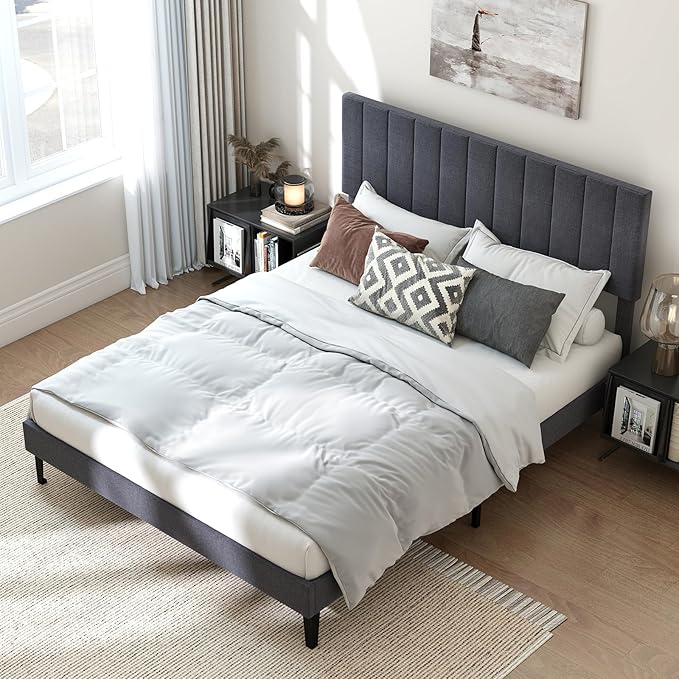 Giantex Queen Size Upholstered Bed Frame, Platform Bed with Height Adjustable Vertical Channel Headboard, Wooden Slats Support Mattress Foundation, No Box Spring Needed, Noise Free, Grey