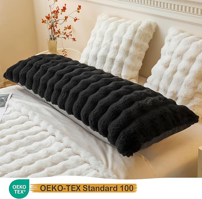 LIFEREVO Fluffy Faux Rabbit Fur Body Pillow Cover, Luxury Bubble Waffle Shaggy Plush Bed Body Pillowcase with Zipper Closure, Long 20"x54" Fuzzy Furry Pillow Case for Adults Kids Girls Teens, Black