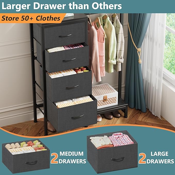 HIGDBFE Dresser with Hanging Rack, 4 Drawers Small Closet for Bedroom, Reversible Fabric Kids Chest of Drawers with Clothes Rack, Tall Storage Tower, Sturdy Frame, Grey, 44''H