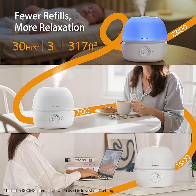 BOXING 3L Top Fill Humidifiers for Bedroom Baby, 20dB Quiet Air Humidifier for Large Room & Indoor Plants with Optional Night Light, Cool Mist Diffuser for Home, Essential Oil Tray, BPA-Free,White,30H