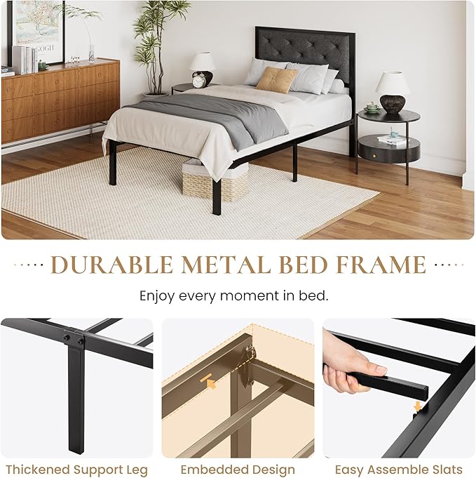 SHA CERLIN Twin Size Metal Platform Bed Frame,Linen Upholstered Button Tufted Headboard, Mattress Foundation with 12.4” Under-Bed Storage, Noise-Free, Easy Assembly, No Box Spring Needed, Dark Grey
