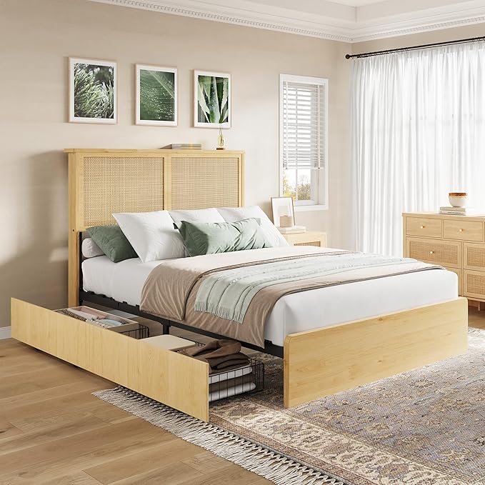 Garvee Full Size Rattan Bed Frame with 4 Drawers, Bohemian Full Rattan Bed Frame with Natural Headboard, Platform Full Size Bed with Wooden Legs, LED Lights, No Box Spring Needed