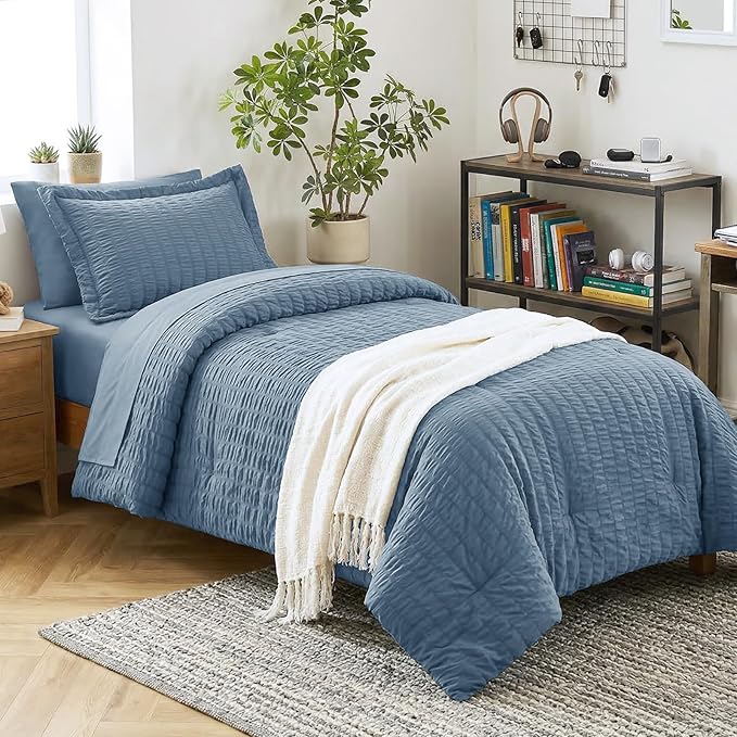 CozyLux Twin Comforter Set with Sheets 5 Pieces, Grayish Blue Seersucker Textured Bed in a Bag, Dusty Blue Luxury Soft Bedding Set with Down Alternative Comforter, Sheets, Pillowcase & Sham All Season