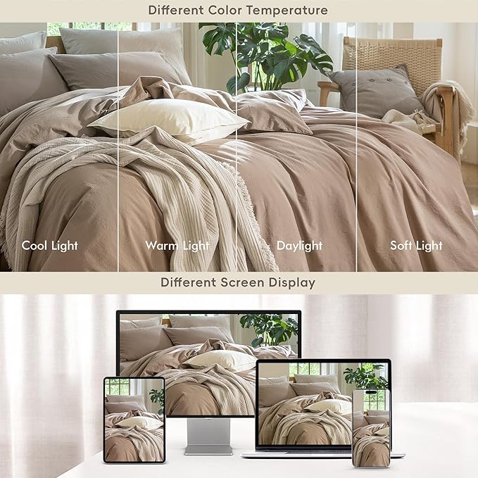 MooMee Bedding Duvet Cover Set 100% Washed Cotton Linen Like Textured Breathable Durable Soft Comfy (Solid Brown, King 104"x90")
