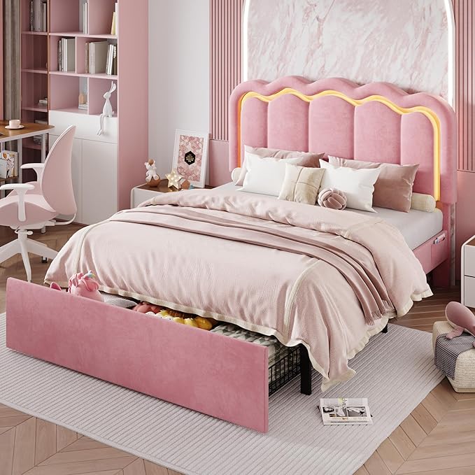SHA CERLIN Upholstered Queen Size Bed Frame with LED Lights and Large Storage Drawer, Velvet Platform Bed with Adjustable Wavy Headboard, Noise Free, Easy Assembly, No Box Spring Needed, Soft Pink
