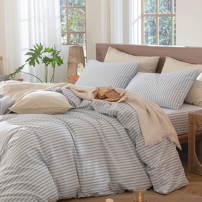 MooMee Striped Duvet Cover Set 100% Washed Cotton Linen Like Textured Breathable Durable Soft Comfy (Cornflower Blue White Classic Stripes, Oversized Queen 98"x98")