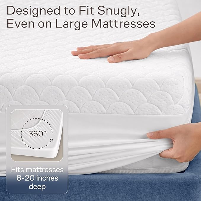 Side-Shield Waterproof Mattress Protector King - 6-21" Deep Pocket with Leak-Proof Edge Protection - Noiseless & Cooling Soft-Touch Viscose Made from Bamboo - Machine Washable (White)