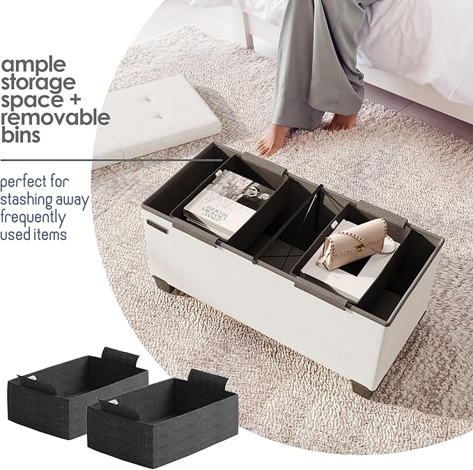 Storage Ottoman Bench with Bins, 30-in Storage Bench for Bedroom End of Bed, Folding Foot Rest Ottoman for Living Room Max 660lbs, Fabric Ottomans, Beige