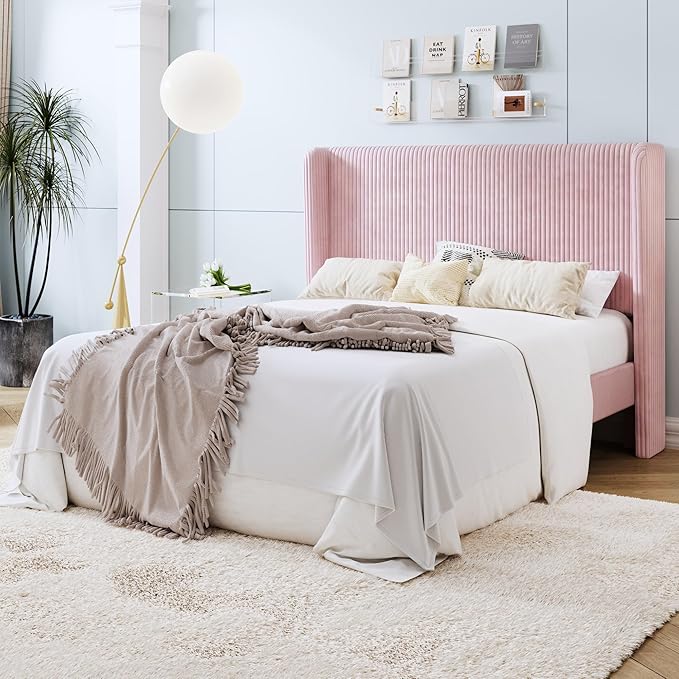 SHA CERLIN Queen Size Corduroy Upholstered Platform Bed Frame with Vertical Channel Tufted Wingback Headboard, 8" Under Bed Storage, Wooden Slats & Metal Frame Support, Easy Assembly, Light Pink