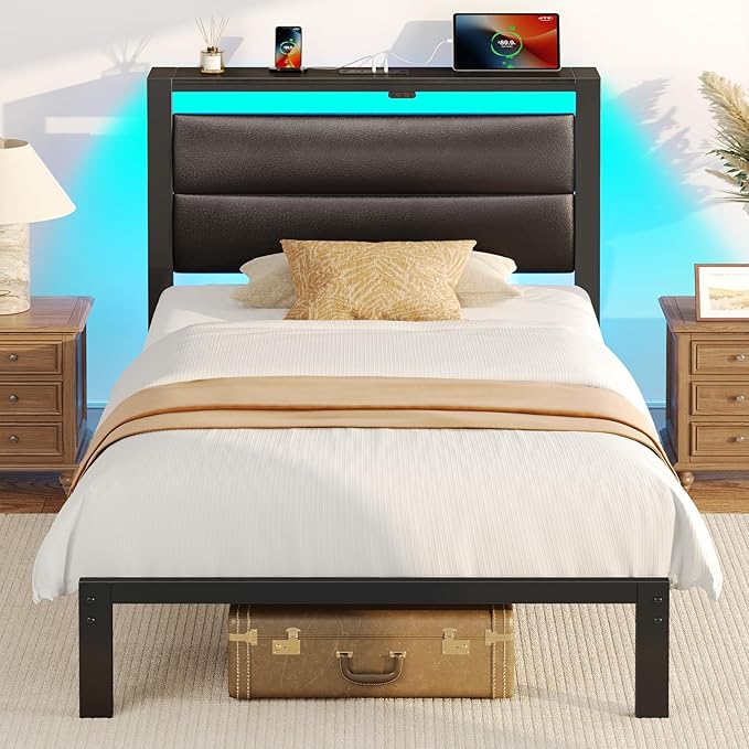 Rolanstar Bed Frame Twin Size with Charging Station, LED Twin Bed Frame with Upholstered Storage Headboard, Platform Bed with Metal Slats & Under Bed Storage, No Box Spring Needed, Noise Free, Black