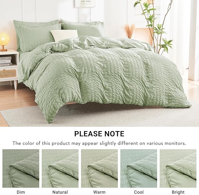 HYMOKEGE Light Green Full Size Comforter Sets Seersucker 7 Pieces, All Season Luxury Bed in a Bag for Bedroom, Bedding Set with Comforters, Sheets, Pillowcases & Shams