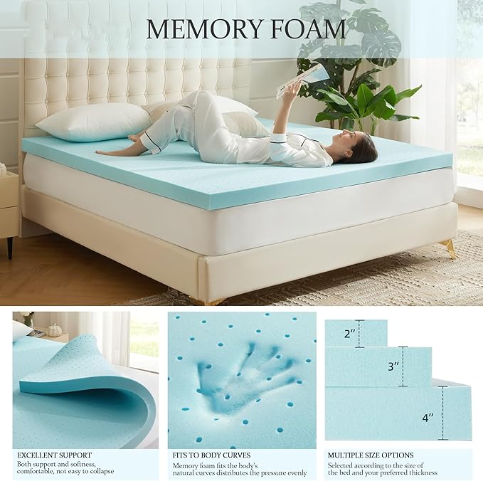 Eiayeebil 3 Inch Memory Foam Mattress Topper Full, Mattress Pad Gel Infused Foam Bed Topper, Ventilated Soft Blue,Full Size