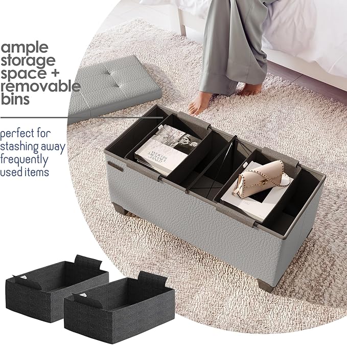 Storage Ottoman Bench with Bins, 30-in Storage Bench for Bedroom End of Bed, Folding Foot Rest Ottoman for Living Room Max 660lbs, Leather Ottomans, Light Grey