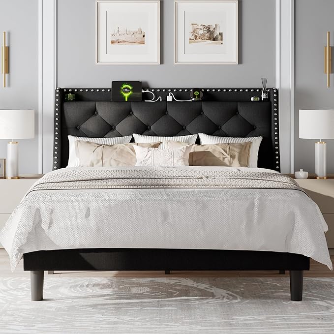 Feonase Full Size Bed Frame with Luxury Wingback and Fast Charging Station,Full Upholstered Button Tufted Storage Headboard Platform Bed,Sturdy Wooden Slats Support,Noise-Free,Easy Assembly,Black