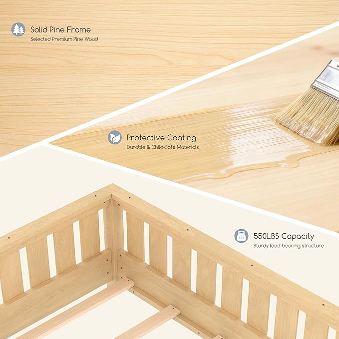 Bellemave Queen Floor Bed Frame with Fence & Bookshelf, Solid Wood Montessori Floor Bed Frame Queen with Slats Load 550LBS, Low Floor Bed for Kids, Bedroom, Nursery, Easy Assembly, Natural