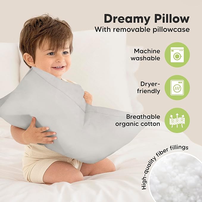 Toddler Pillow with Pillowcase - 13x18 My Little Dreamy Kids Travel Bed Pillows for Sleeping, Organic Cotton Small Pillowcase, Soft & Breathable, Machine Washable, Toddlers 2-5 years old(French Gray)