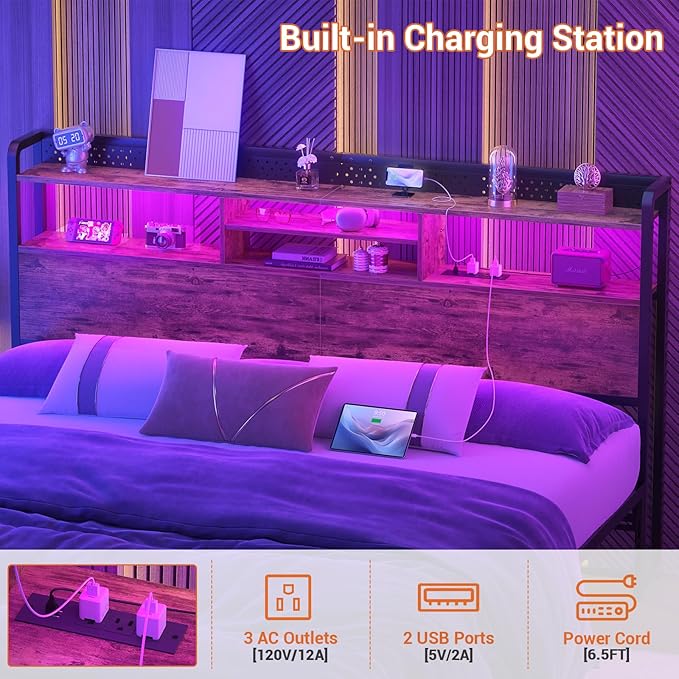 Unikito Headboard for King Size Bed with Storage Shelf, Head Board with 3 Outlets and 2 USB Ports, Headboards with RGB LED Light, Height Adjustable, Sturdy and Stable, Easy Assembly, Rustic Brown