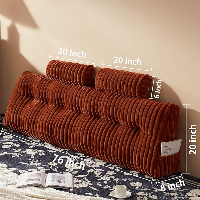 Rycwola Faux Fur Headboard Pillow with 2 Pack Neck Roll Pillow Large Headboard Pillow Soft and Supportive with Removable Cover (Brown, King)