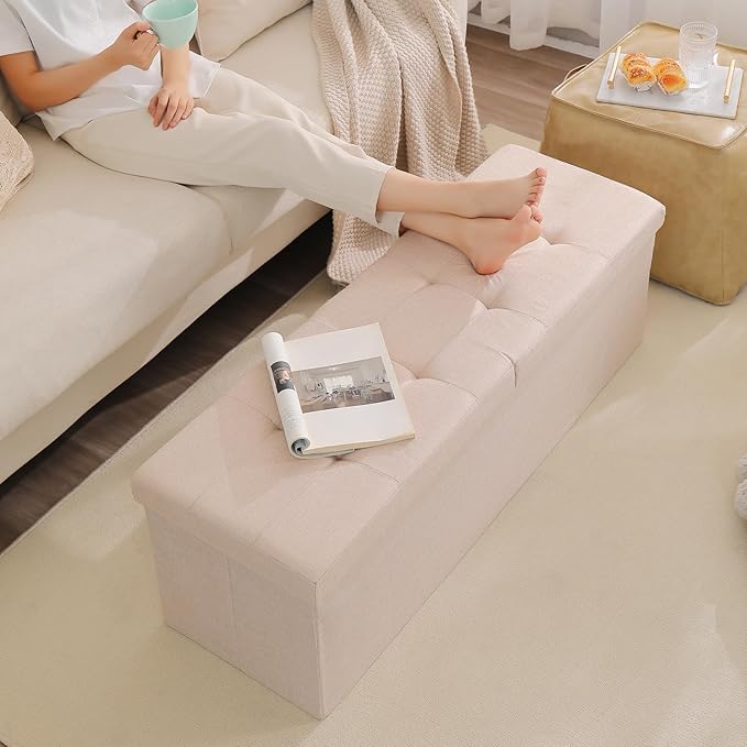 45.3 Inches Storage Ottoman Bench Foldable Seat Footrest Shoe Bench End of Bed Storage with Flipping Lid, 166L Storage Space, Linen Fabric Black