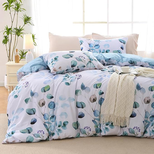 MUXHOMO Duvet Cover Full Size, Reversible Floral Blue Duvet Cover Set with Zipper Closure, 3 Pieces Botanical Patterns Soft Microfiber Bedding Set with 4 Ties (80"x90", 2 Pillow Cases)