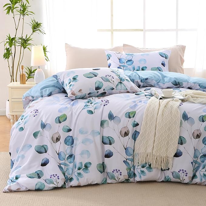MUXHOMO Duvet Cover King Size, Reversible Floral Blue Duvet Cover Set with Zipper Closure, 3 Pieces Botanical Patterns Soft Microfiber Bedding Set (90"x104", 2 Pillow Cases 20"×36")