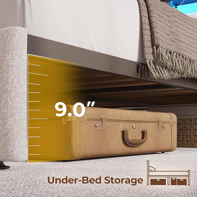 Rolanstar Queen Size Bed Frame with LED Lights and Charging Station, Upholstered Headboard with 2-Tier Storage Shelves, Heavy Duty Metal Frame, Noise-Free Support, Easy Assembly, No Box Spring Needed