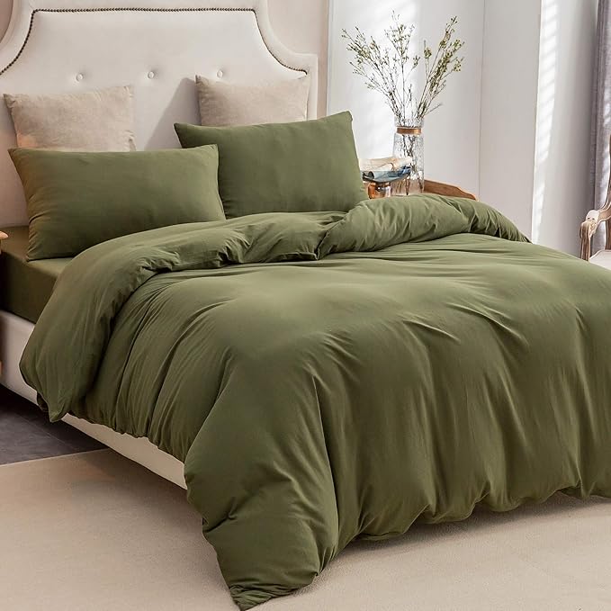 PURE ERA Jersey Knit Duvet Cover Set 100% T-Shirt Cotton Super Soft Comfy 3pc Bedding Set with Zipper Closure (Solid Olive Green, King)