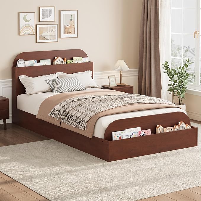 GarveeHome Twin Size Bed Frame, Wooden Beds with Storage Headboard and Raised-Foodboard for Kid, Twin-Floor Low Platform Bed for Bedroom, Sturdy Wooden Slats Support, No Box Spring Needed, Espresso