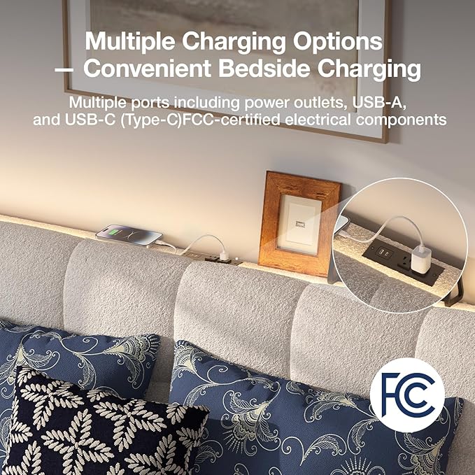 Novilla King Size Bed Frame with Charging Station & LED Lights, Upholstered French Luxury Platform Bed with Wingback Headboard, Lamb Wool Fabric, No Box Spring Needed, Easy Assembly, Cream White