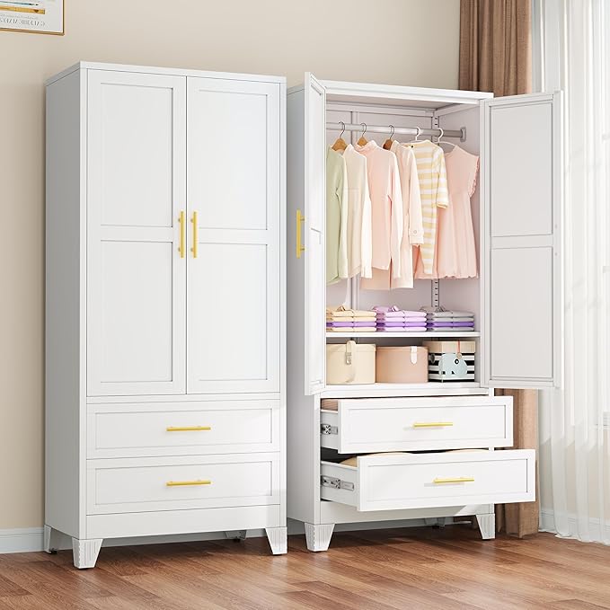 winiowa Metal Armoire Wardrobe Closet with 2 Drawers, 71" Wardrobe Cabinet with Adjustable Shelves and Hanging Rod, Clothing Storage Cabinet Closet for Bedroom-White