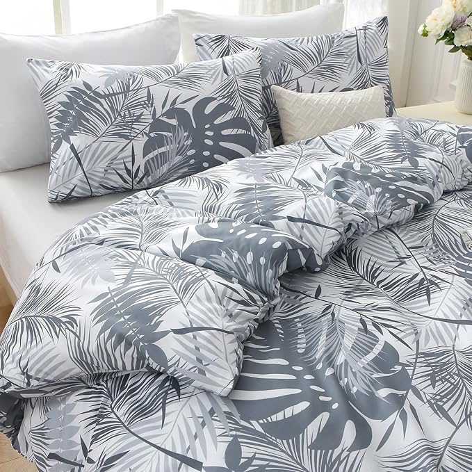 MUXHOMO Duvet Cover King Size, Reversible Floral Black & Grey Duvet Cover Set with Zipper Closure, 3 Pieces Botanical Patterns Soft Microfiber Bedding Set (90"x104", 2 Pillow Cases 20"×36") US