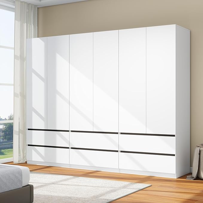 White Wardrobe Closet with Doors: 75" Large Capacity Bedroom Armoire, Wooden Cabinet with 6 Drawers, Hanging Storage Shelves with Hanging Rod (Contemporary, 3)