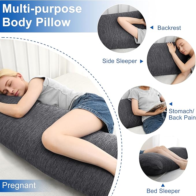 Hiasan Cooling Body Pillow for Adults - Memory Foam Insert, Long Full Body Pillow for Side Sleepers, Bed,Sleeping,Soft Support for Pregnant Women, Back Pain Relief, 20x54 Inch, Grey