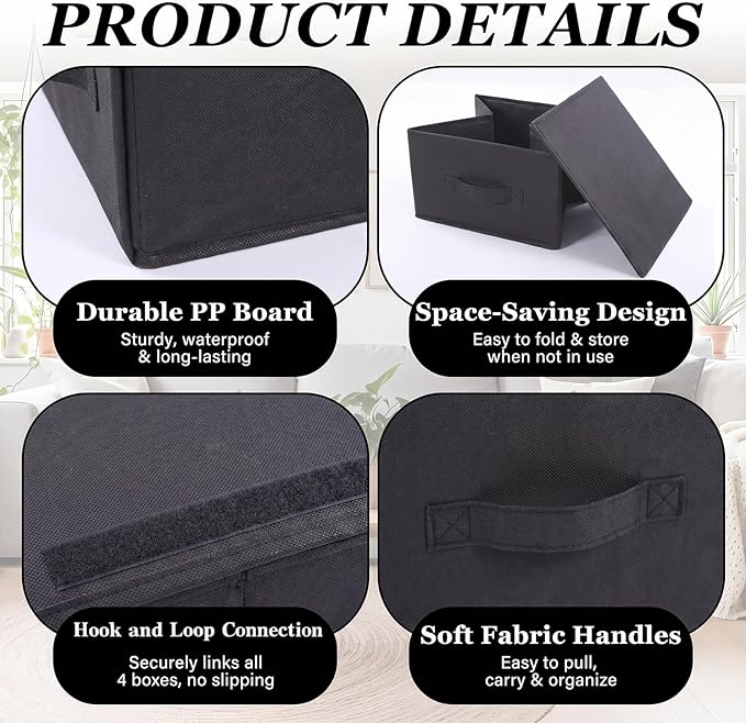 Weysat 4 Cube Stackable Under Dorm Bed Storage Container Foldable Closet Drawer Organizer Fabric Storage Cube Bins for Dorm Essentials College Closet Bedroom Living Room Nursery(Black,17.72 Inch)