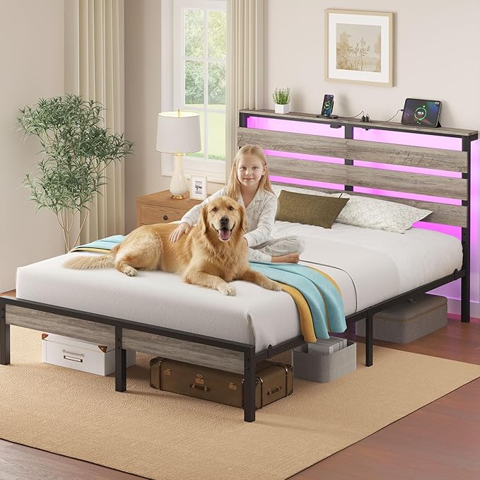 Rolanstar Bed Frame Full Size with USB Charging Station, LED Bed Frame with Wood Storage Headboard, Light Grey Metal Platform Bed with Under Bed Storage, No Box Spring Needed, Noise Free