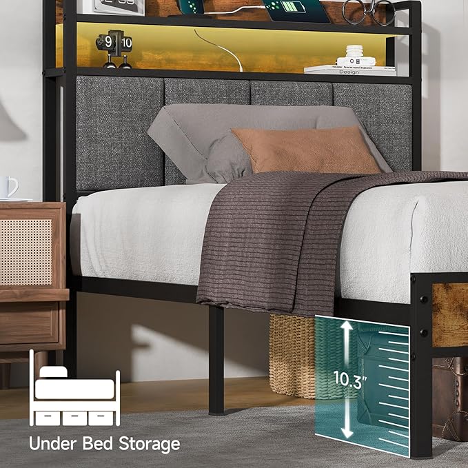 Twin Bed Frame with LED Light &Charging Station, Metal Platform Bed with 2-Tier Shelves & Under Bed Storage, Upholstered Headboard&Footboard,No Box Spring Needed,Noise Free,Easy Assembly,Vintage Brown