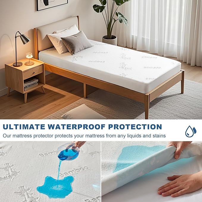 BEDLORE Twin XL Size Waterproof Mattress Protector Viscose Derived from Bamboo, Soft Mattress Cover Fitted with Deep Pocket 6"-15", Breathable Noiseless Mattress Pad, Machine Washable(White)