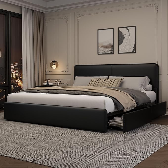 GarveeHome Modern Upholstered Platform Bed Frame with Headboard and Storage Drawers – PU Black Faux Leather, Sturdy Wooden Slat Support, Noise-Free, No Box Spring Needed, Easy Assembly – King Size, PU